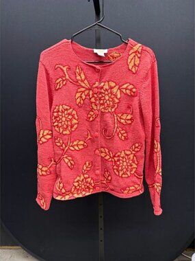 Talbots Pink Orange Floral Embroidered Button Cardigan Sweater